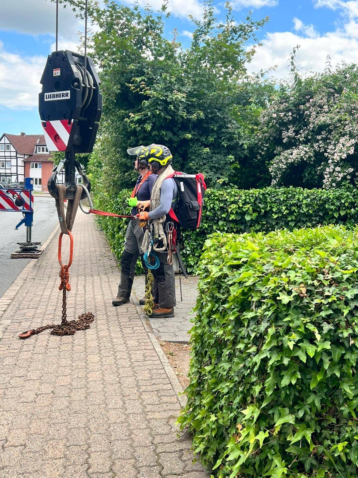 Zwei Baumkletterer des Baumdienstkommandos in Schutzausrüstung am Kranhaken vor einem Einsatz